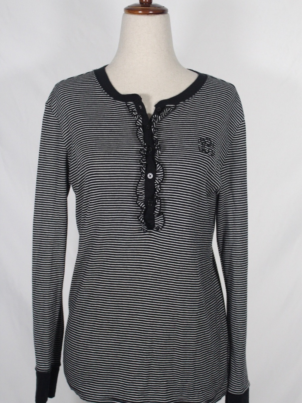 2010s Lauren Ralph Lauren Navy & White Striped Ruffle Henley Long Sleeve Top